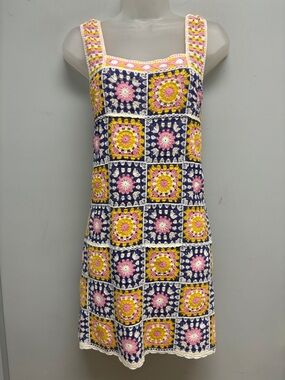 Petal Dew Crochet Granny Square Mini Dress Boho Festival Knit S/M